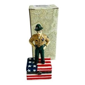 Rare Porcelain Hinged Trinket Box USA Military Soldier American Flag Vintage NIB